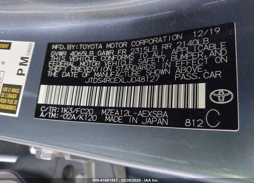 2020 TOYOTA COROLLA VIN: JTDS4RCEXLJ048127