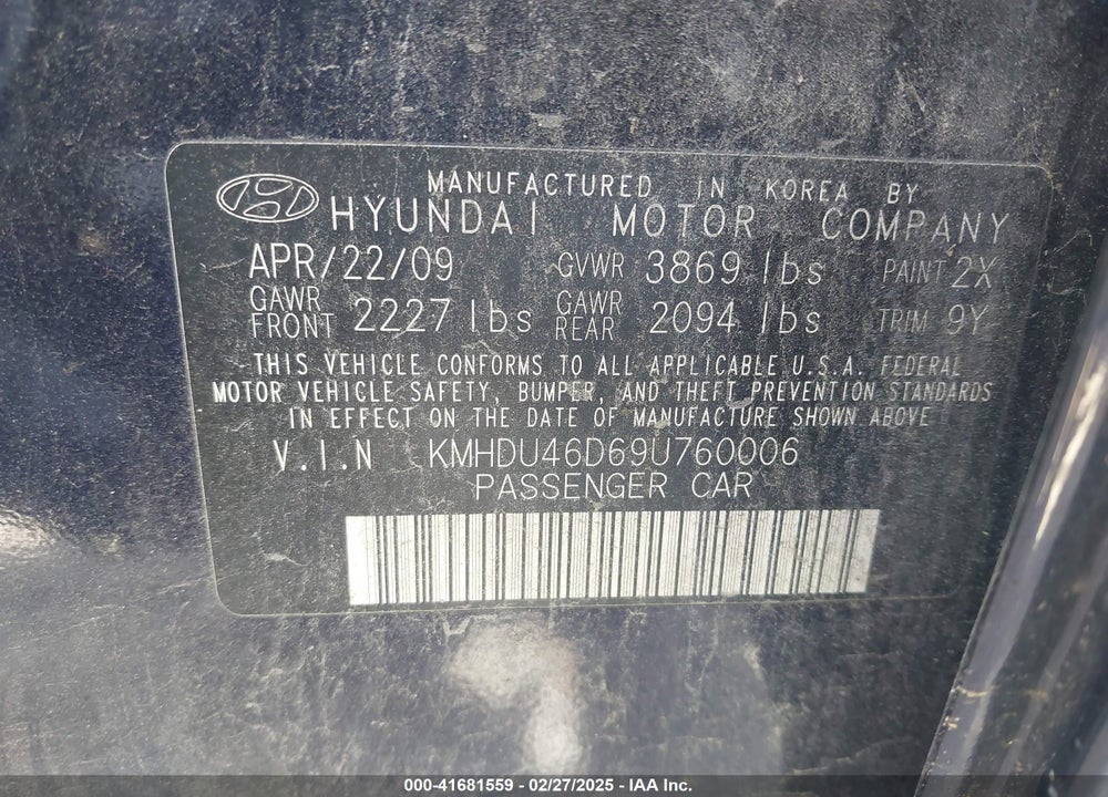2009 HYUNDAI ELANTRA GLS VIN: KMHDU46D69U760006