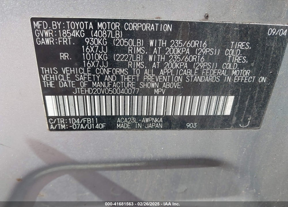 2005 TOYOTA RAV4 VIN: JTEHD20V050040077