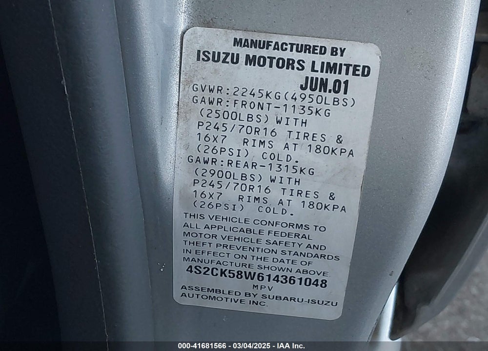 2001 ISUZU RODEO LS 3.2L V6/LSE 3.2L V6/S 3.2L V6 VIN: 4S2CK58W614361048