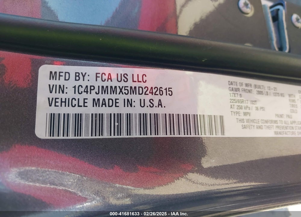 2021 JEEP CHEROKEE VIN: 1C4PJMMX5MD242615