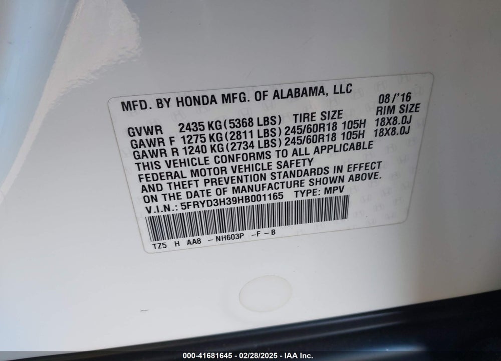 2017 ACURA MDX VIN: 5FRYD3H39HB001165