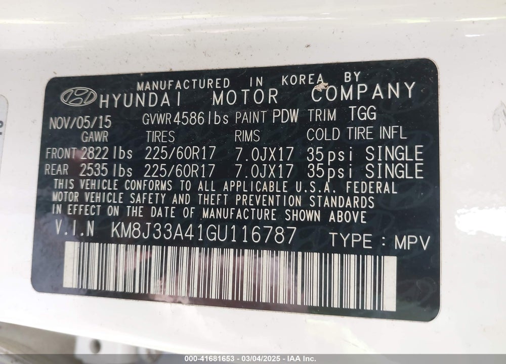 2016 HYUNDAI TUCSON SE VIN: KM8J33A41GU116787