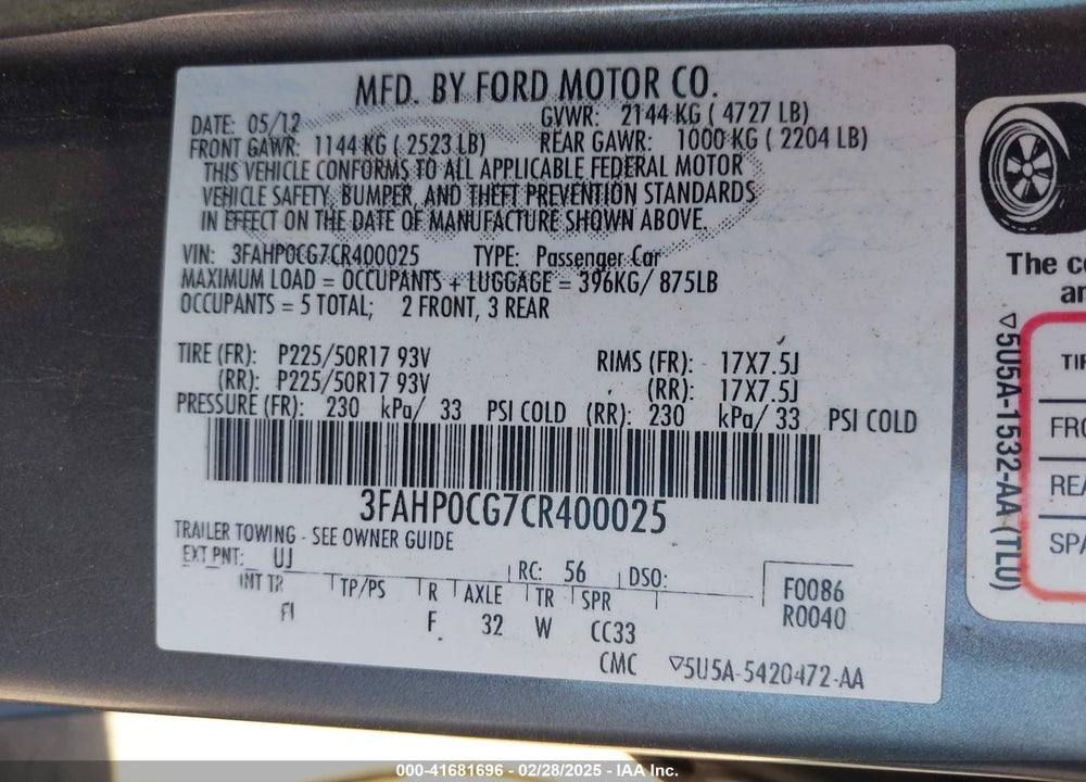 2012 FORD FUSION VIN: 3FAHP0CG7CR400025
