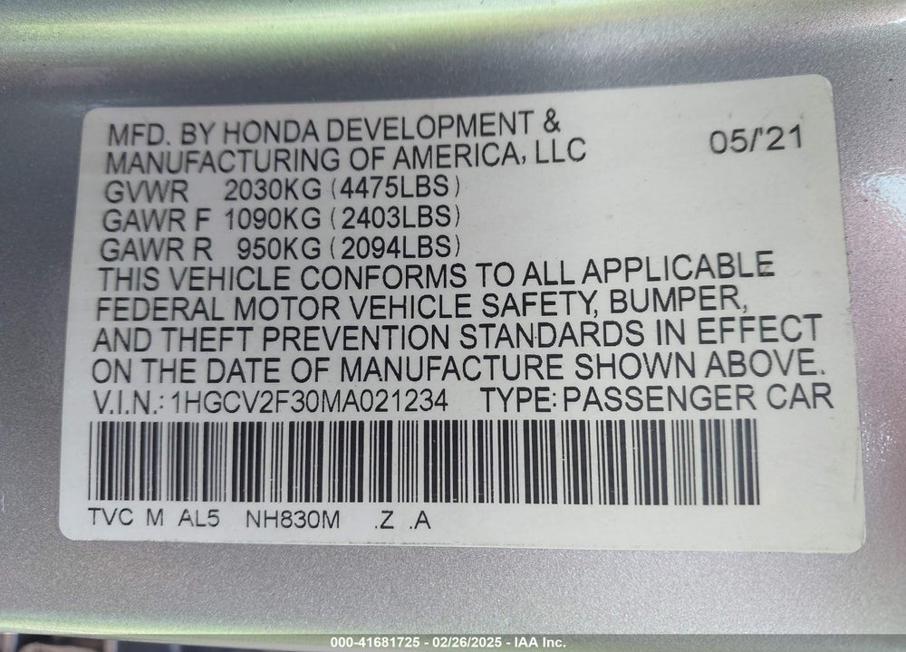 2021 HONDA ACCORD VIN: 1HGCV2F30MA021234