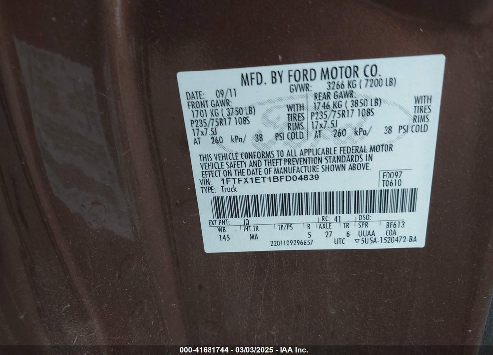 2011 FORD F-150 XLT VIN: 1FTFX1ET1BFD04839