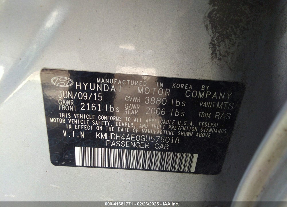 2016 HYUNDAI ELANTRA VIN: KMHDH4AE0GU576018