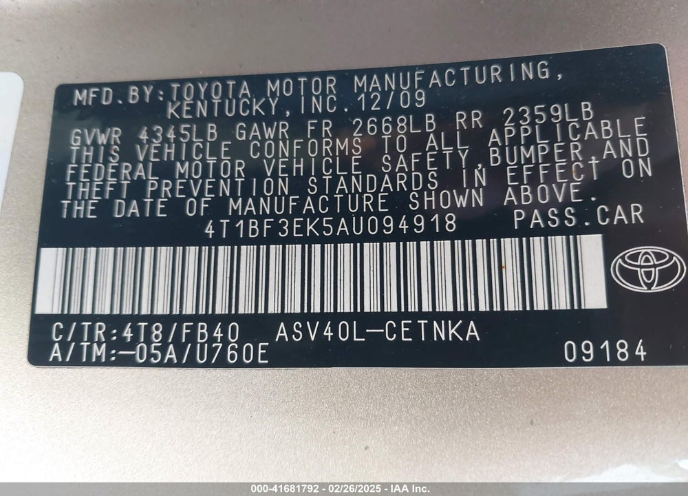 2010 TOYOTA CAMRY VIN: 4T1BF3EK5AU094918