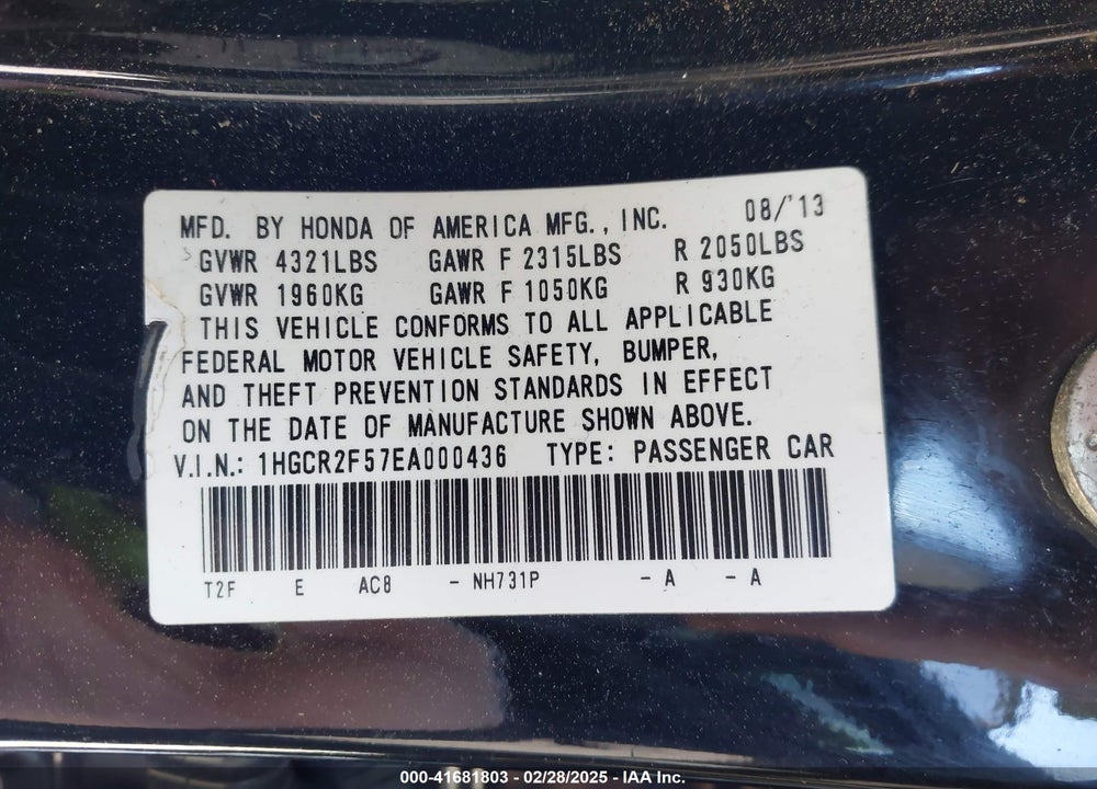 2014 HONDA ACCORD VIN: 1HGCR2F57EA000436