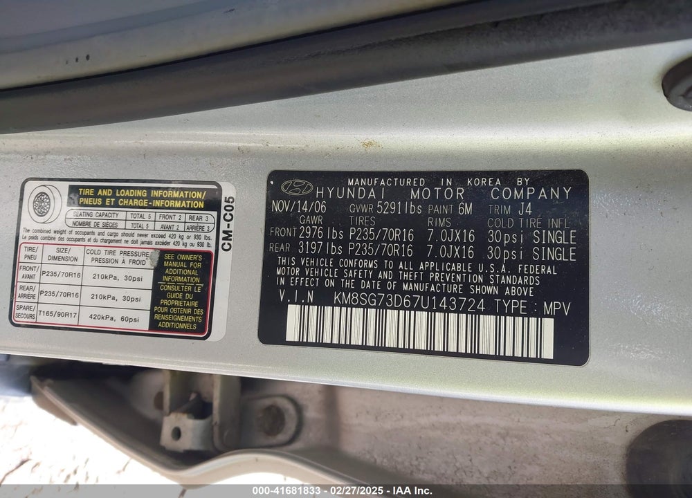 2007 HYUNDAI SANTA FE VIN: KM8SG73D67U143724
