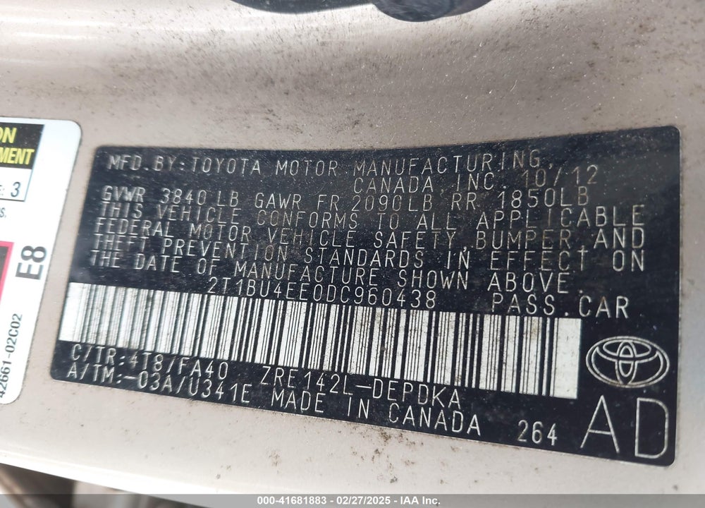2013 TOYOTA COROLLA VIN: 2T1BU4EE0DC960438
