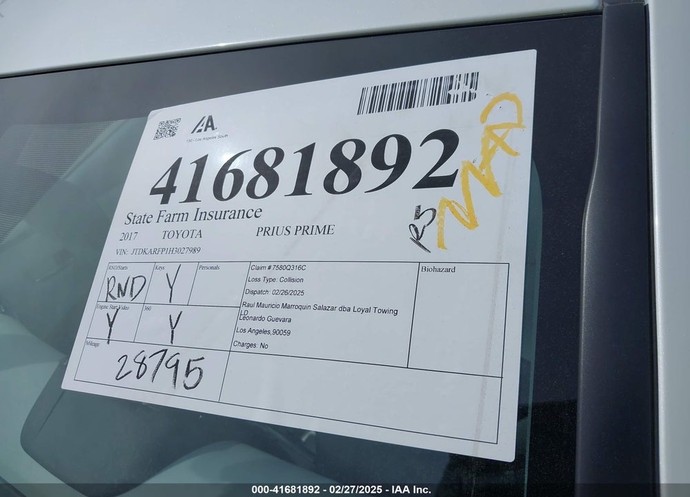 2017 TOYOTA PRIUS PRIME VIN: JTDKARFP1H3027989