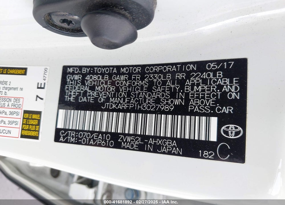 2017 TOYOTA PRIUS PRIME VIN: JTDKARFP1H3027989
