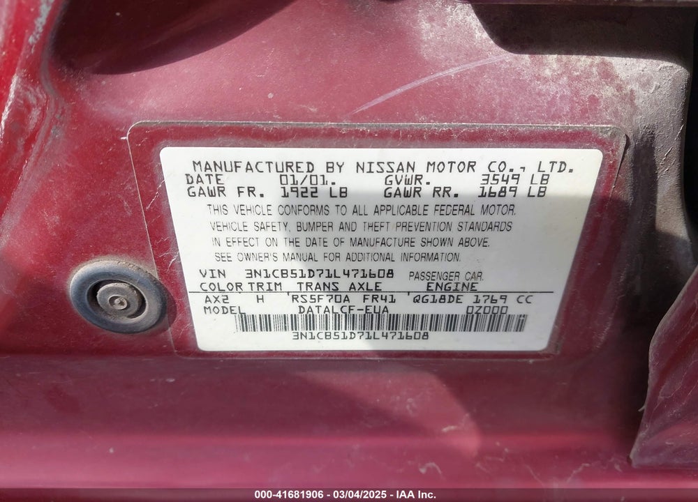 2001 NISSAN SENTRA XE VIN: 3N1CB51D71L471608