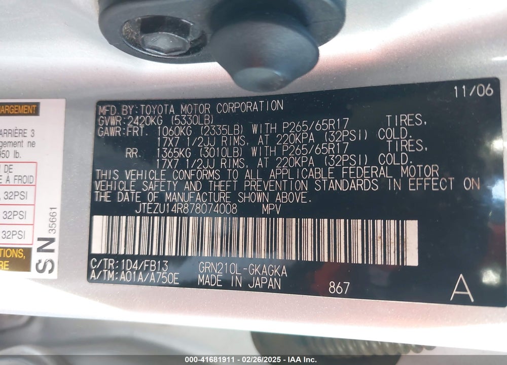 2007 TOYOTA 4RUNNER VIN: JTEZU14R878074008