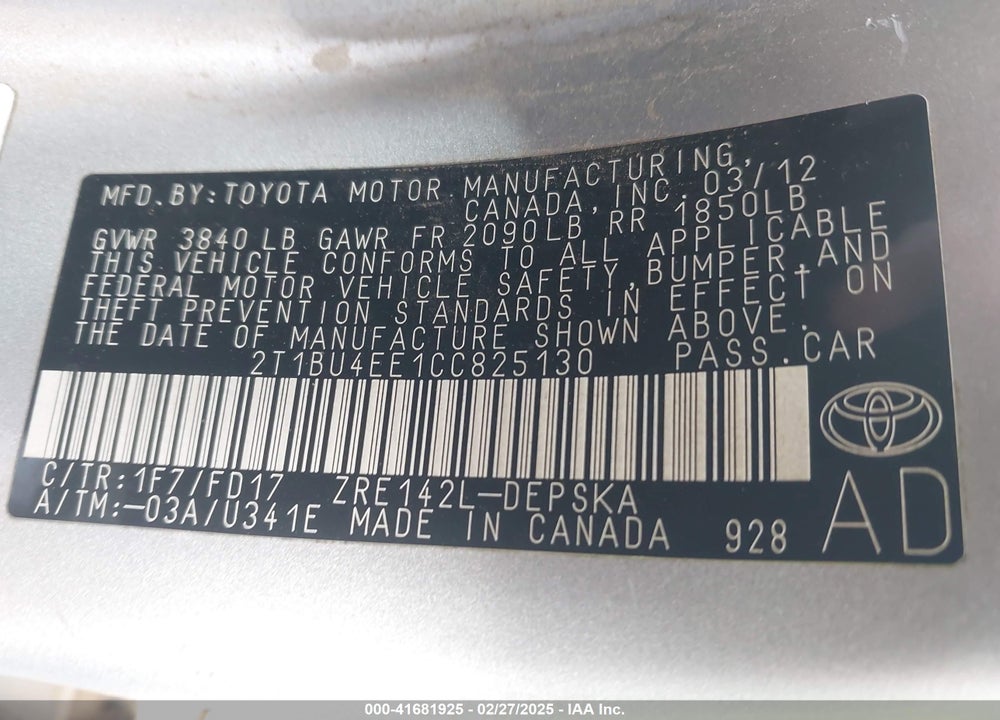 2012 TOYOTA COROLLA S VIN: 2T1BU4EE1CC825130