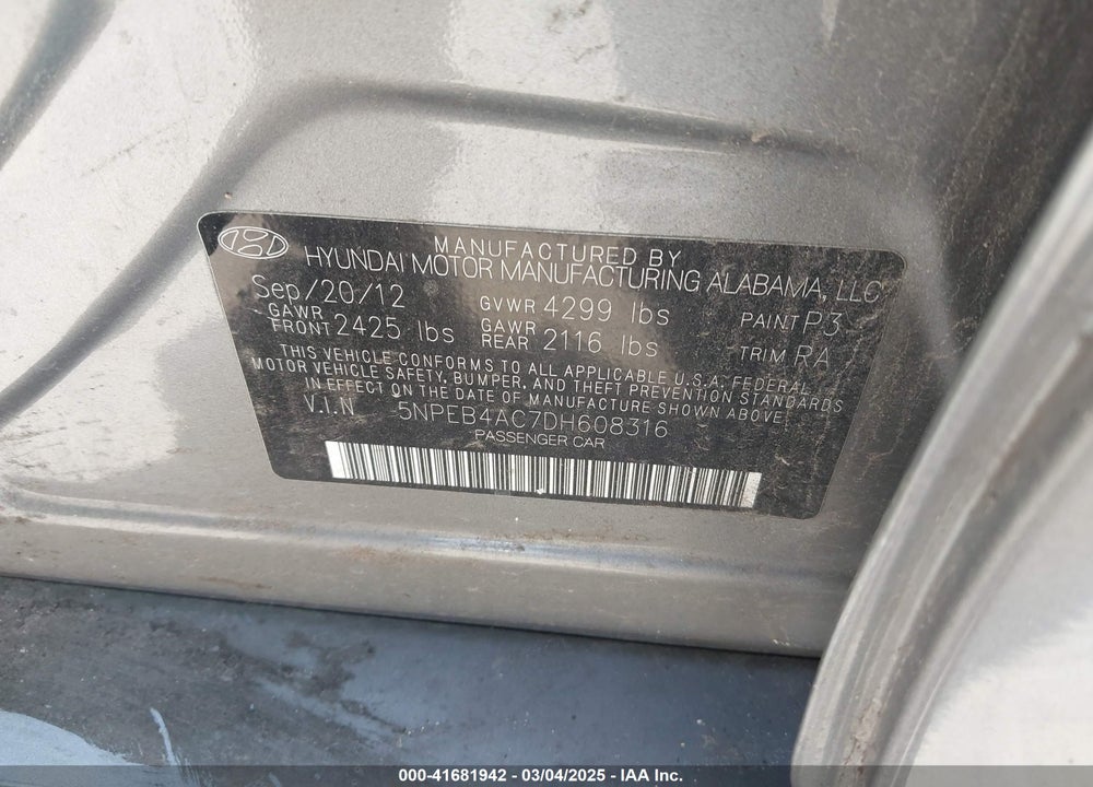 2013 HYUNDAI SONATA VIN: 5NPEB4AC7DH608316