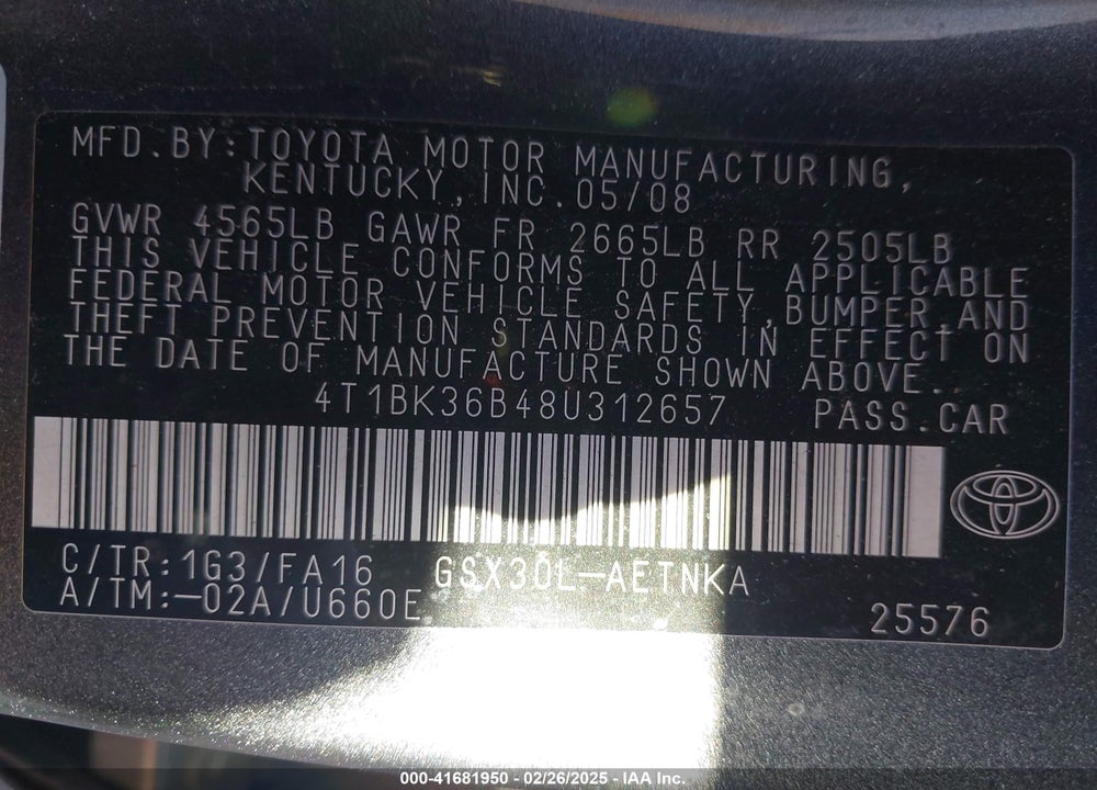 2008 TOYOTA AVALON XL VIN: 4T1BK36B48U312657