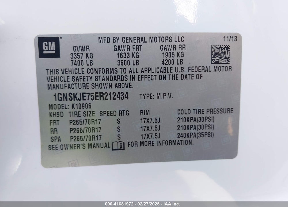 2014 CHEVROLET SUBURBAN 1500 VIN: 1GNSKJE75ER212434