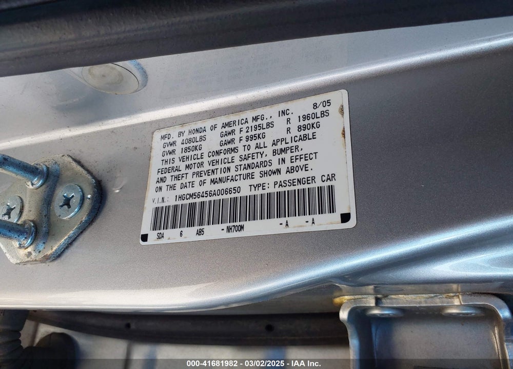 2006 HONDA ACCORD VIN: 1HGCM56456A006650