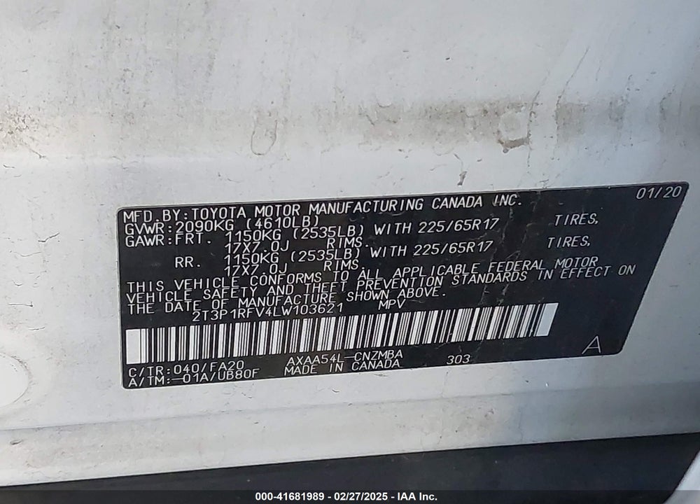 2020 TOYOTA RAV4 VIN: 2T3P1RFV4LW103621