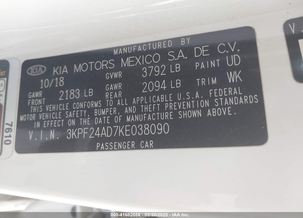 2019 KIA FORTE VIN: 3KPF24AD7KE038090