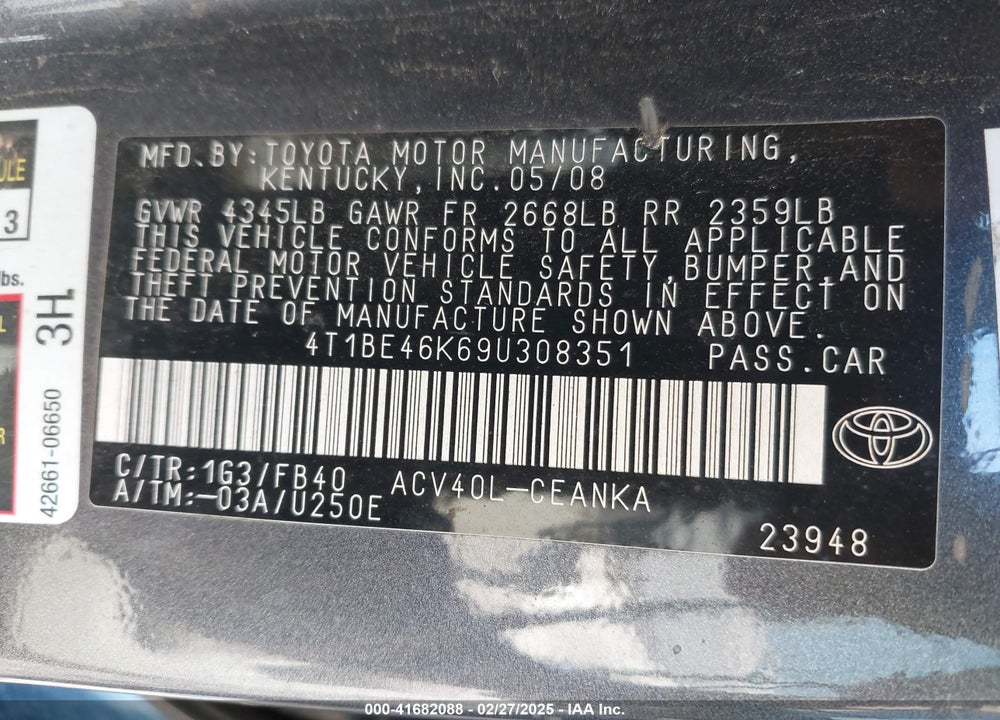 2009 TOYOTA CAMRY LE VIN: 4T1BE46K69U308351
