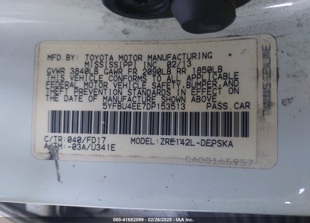 2013 TOYOTA COROLLA VIN: 5YFBU4EE7DP153513