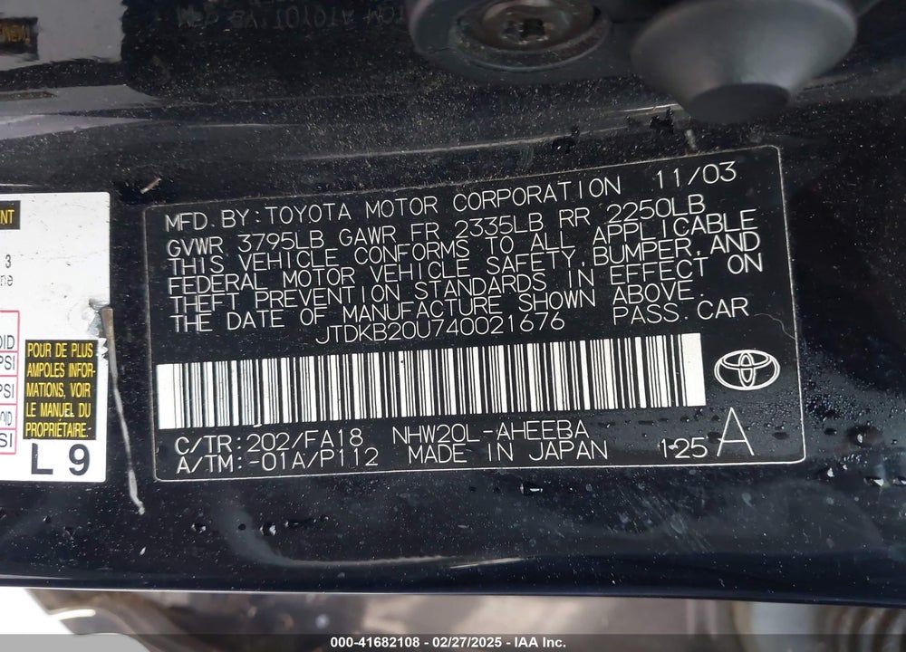 2004 TOYOTA PRIUS VIN: JTDKB20U740021676
