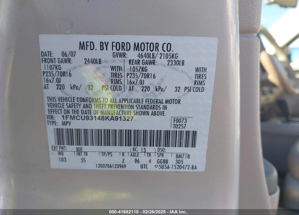 2008 FORD ESCAPE XLT VIN: 1FMCU93148KA91327