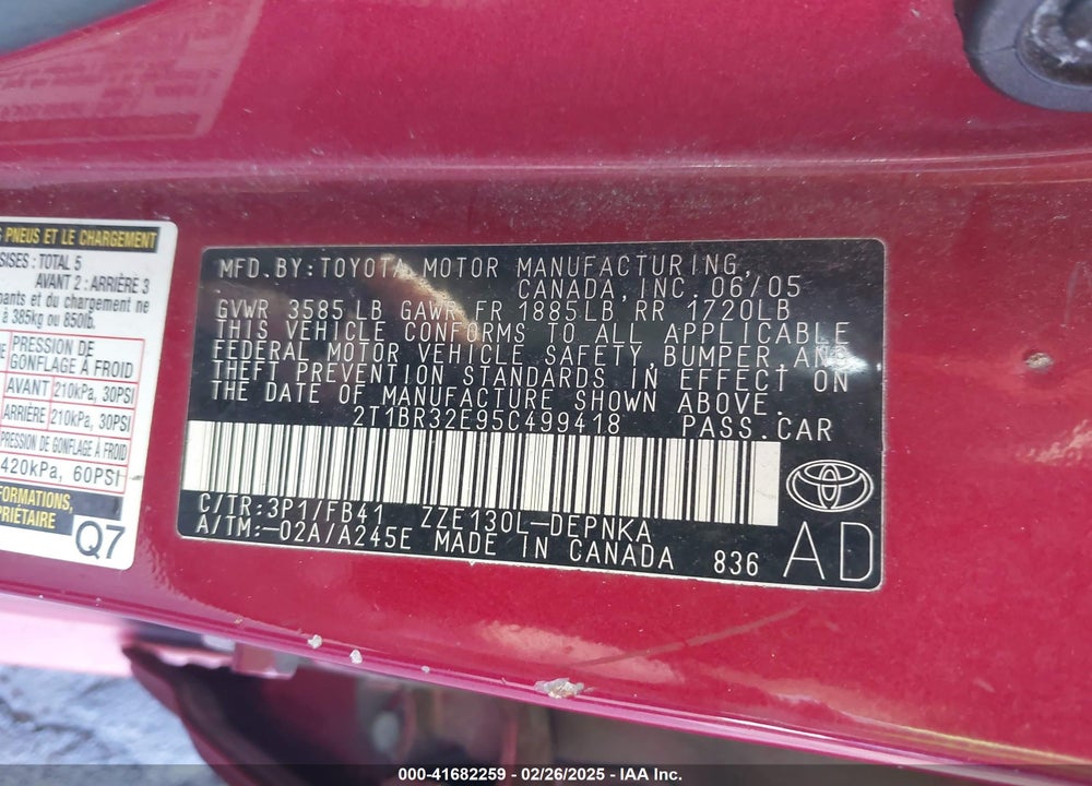2005 TOYOTA COROLLA LE VIN: 2T1BR32E95C499418