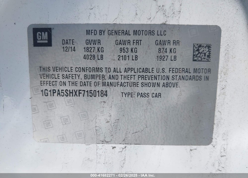 2015 CHEVROLET CRUZE LS AUTO VIN: 1G1PA5SHXF7150184