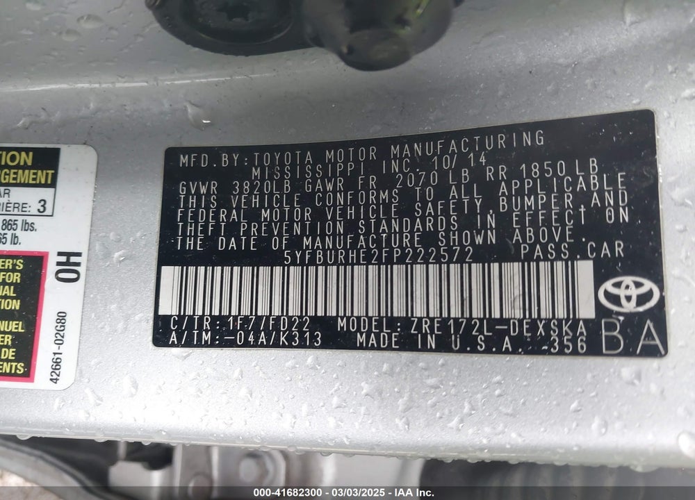 2015 TOYOTA COROLLA VIN: 5YFBURHE2FP222572