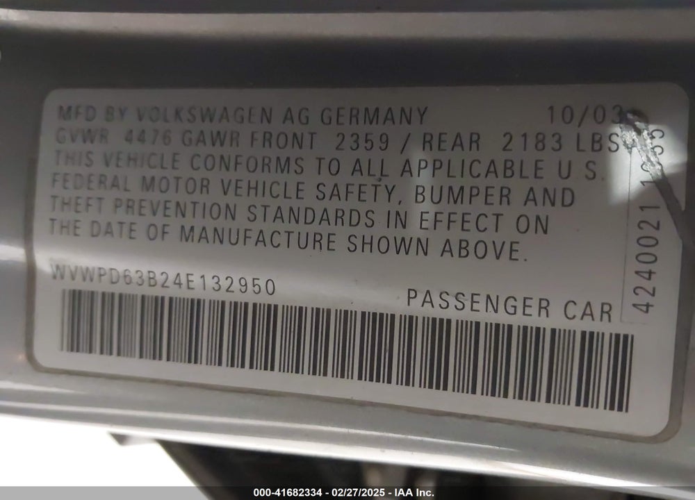 2004 VOLKSWAGEN PASSAT GLS VIN: WVWPD63B24E132950