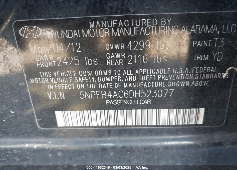 2013 HYUNDAI SONATA VIN: 5NPEB4AC6DH523077