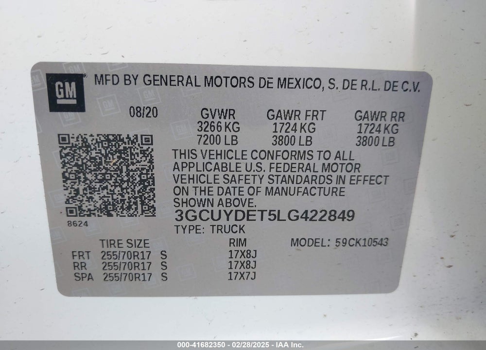2020 CHEVROLET SILVERADO 1500 4WD SHORT BED LT VIN: 3GCUYDET5LG422849