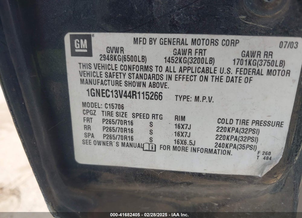 2004 CHEVROLET TAHOE LS VIN: 1GNEC13V44R115266