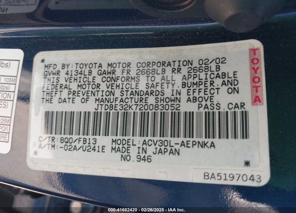 2002 TOYOTA CAMRY LE VIN: JTDBE32K720083052