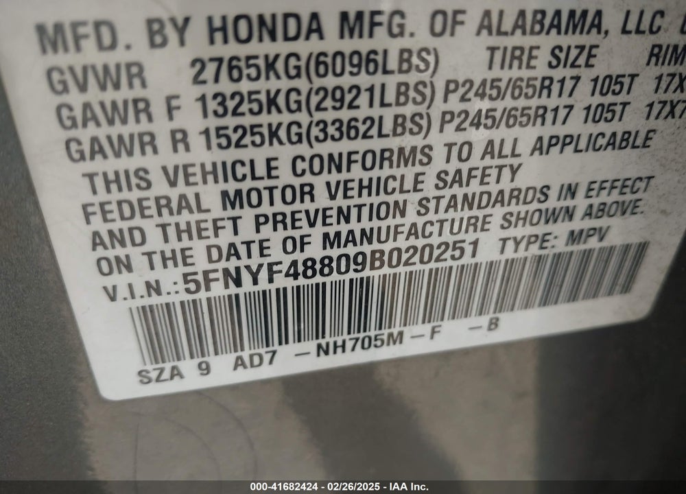 2009 HONDA PILOT TOURING VIN: 5FNYF48809B020251