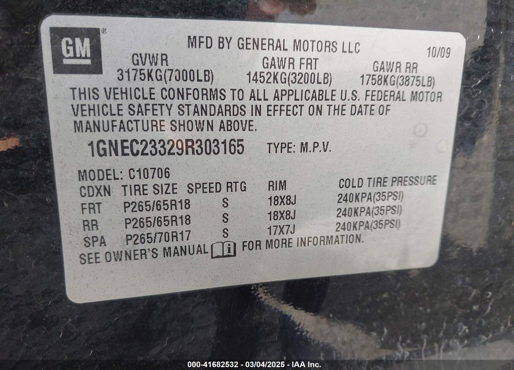 2009 CHEVROLET TAHOE VIN: 1GNEC23329R303165