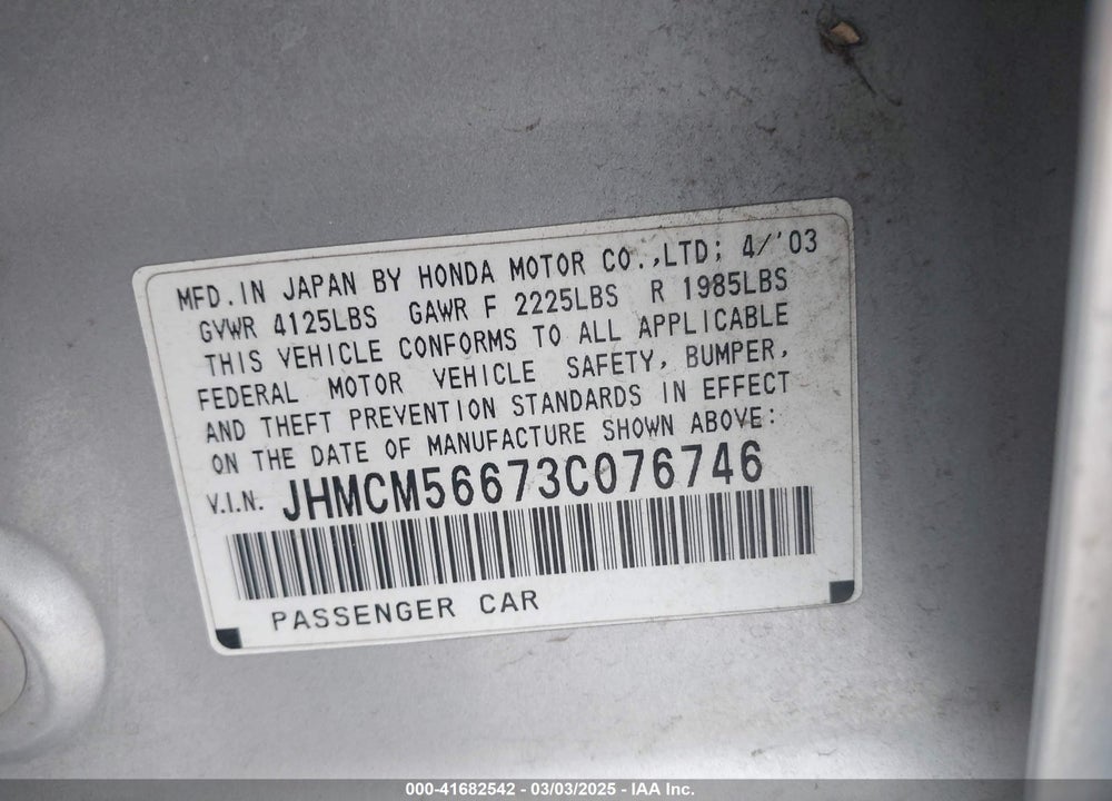 2003 HONDA ACCORD 2.4 EX VIN: JHMCM56673C076746