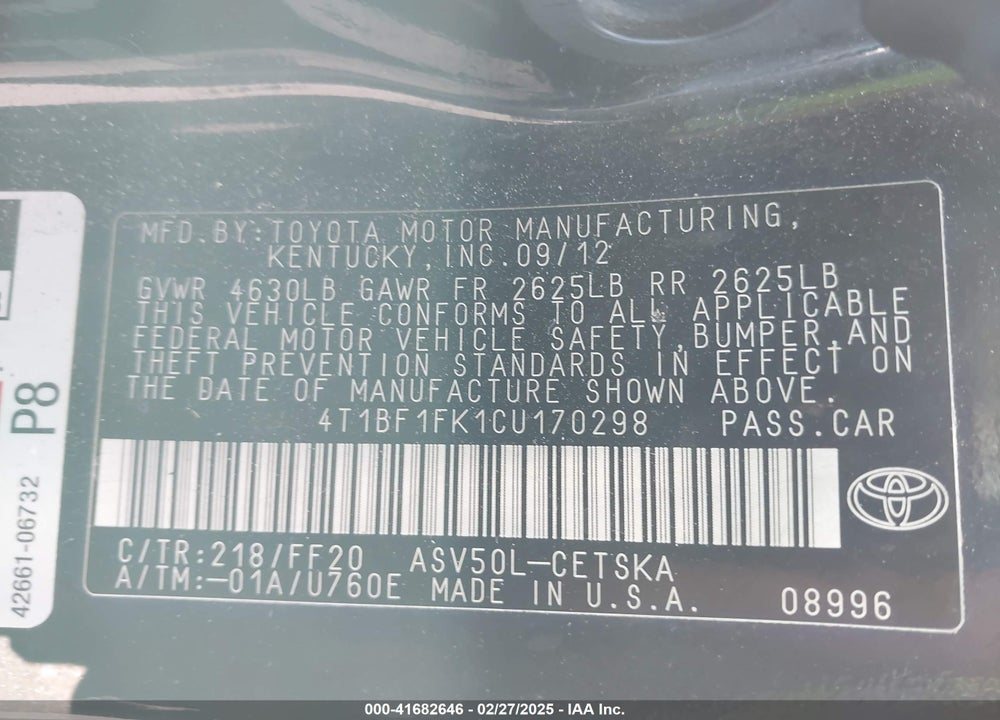 2012 TOYOTA CAMRY VIN: 4T1BF1FK1CU170298