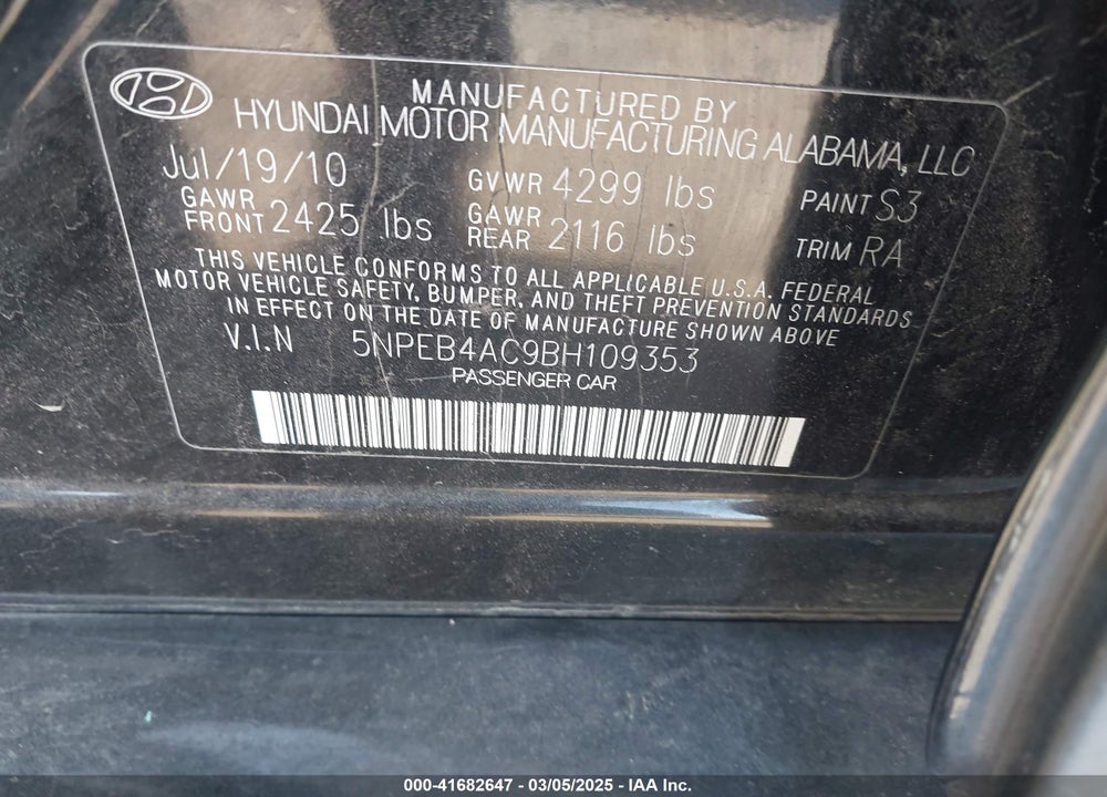 2011 HYUNDAI SONATA VIN: 5NPEB4AC9BH109353