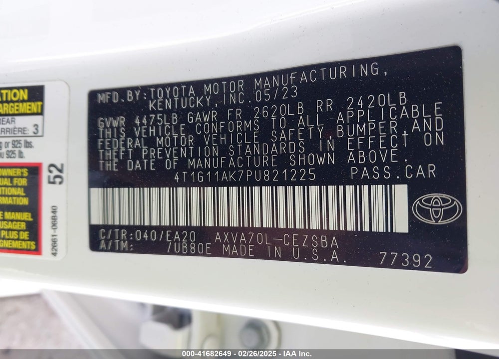 2023 TOYOTA CAMRY VIN: 4T1G11AK7PU821225