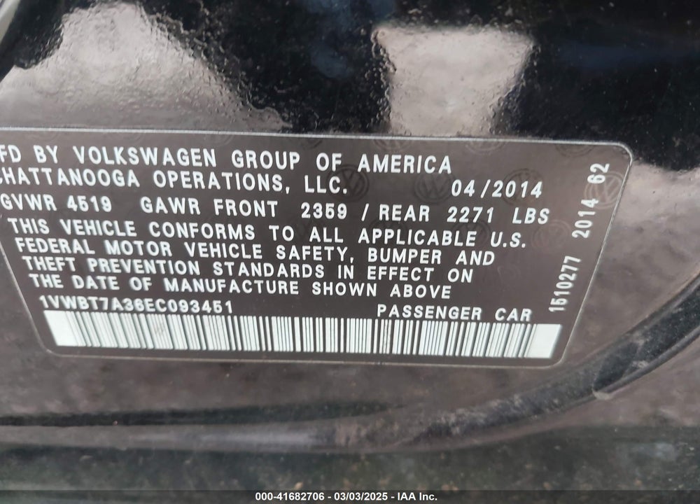 2014 VOLKSWAGEN PASSAT VIN: 1VWBT7A36EC093451