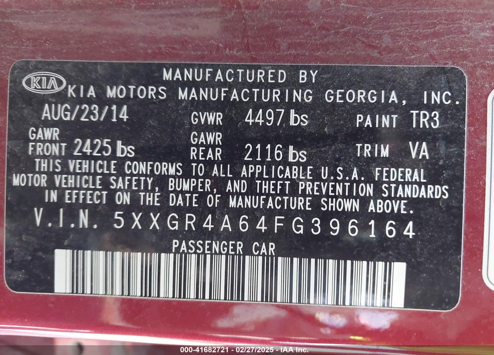2015 KIA OPTIMA VIN: 5XXGR4A64FG396164