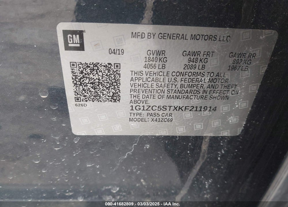 2019 CHEVROLET MALIBU VIN: 1G1ZC5STXKF211914