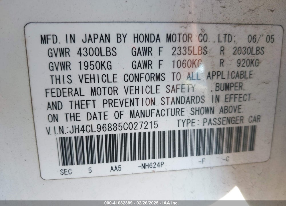 2005 ACURA TSX VIN: JH4CL96885C027215