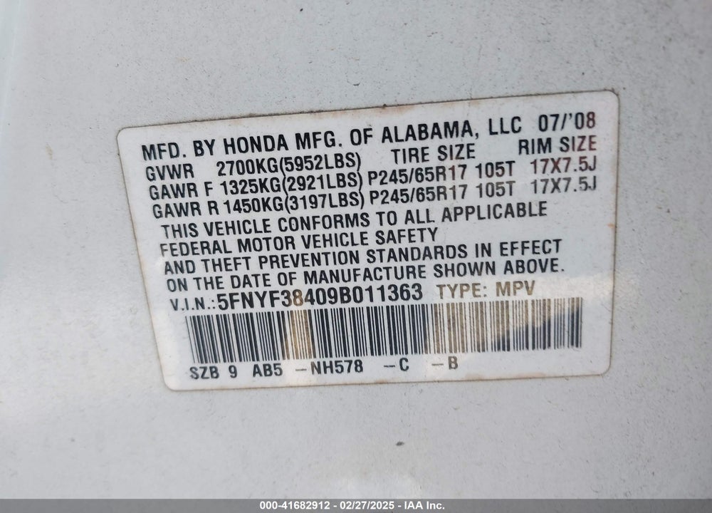 2009 HONDA PILOT VIN: 5FNYF38409B011363
