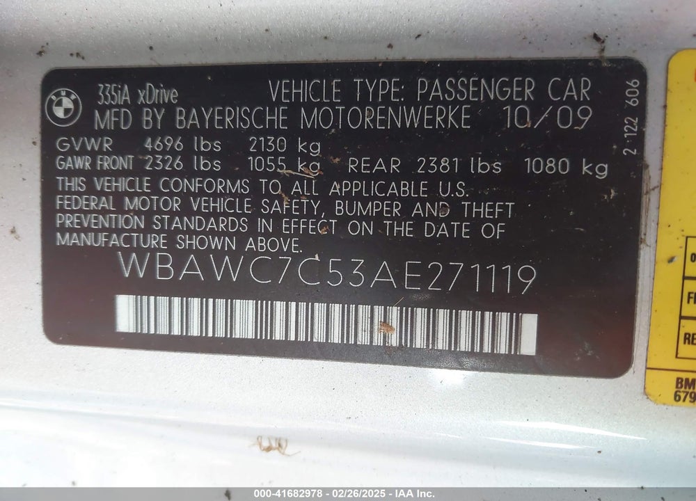 2010 BMW 335I VIN: WBAWC7C53AE271119